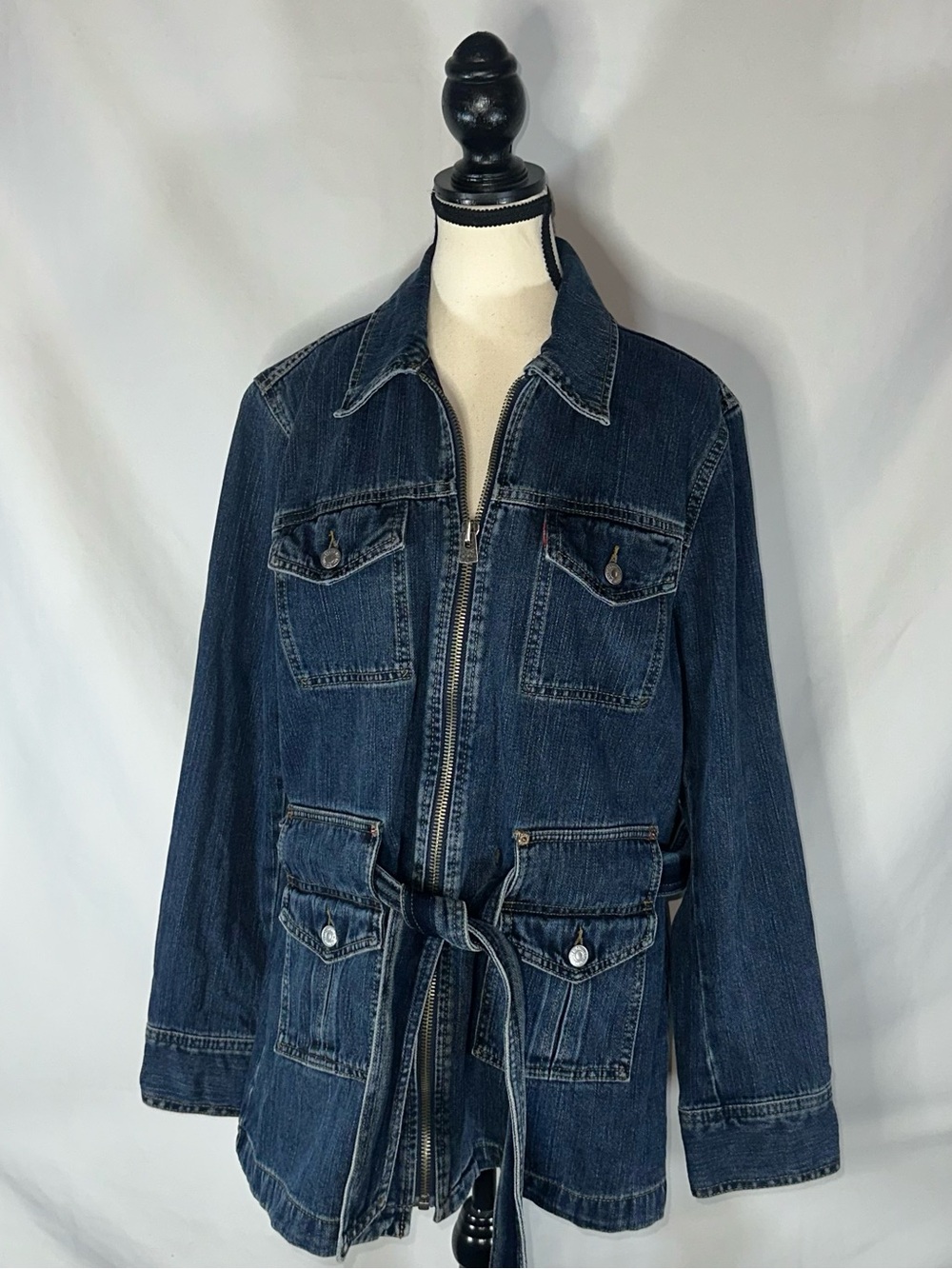 Vintage Y2K Levis Bush Jacket Full Zip Denim Jean Belted Chore Jacket Size Large - Picture 2 of 14